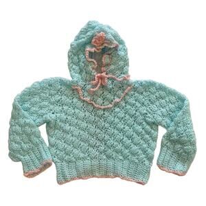 Hand Crochet Girl's Hoodie Sweater Blue/Green Pastel with Pink Trim, 18-24 mos.